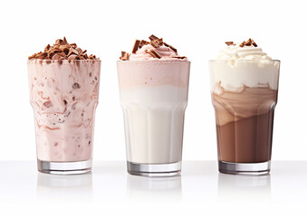 Milkshakes with strawberry,chocolate and vanilla with whipped cream on white.Macro.AI Generative