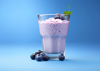 Blueberry frozen yogurt cream milkshake on blue background.Macro.AI Generative