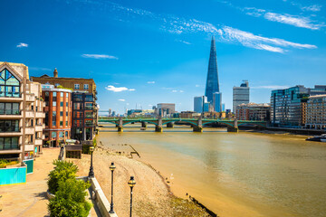 Scenic colorful Thames river waterfront in London view