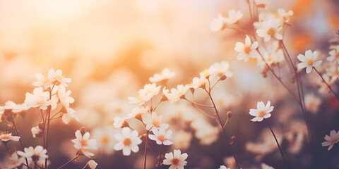 Spring little beautiful flowers white color sunny soft blurred background in morning sunlight