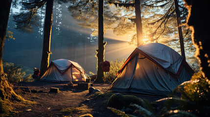 Two Camping Tents in The Foggy Mountain Forest at Sunrise in Winter Season