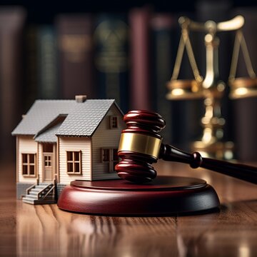 miniature house and judge hammer gavel and scales of legal justice, ai generative