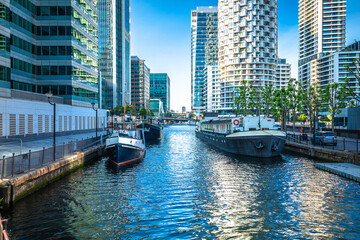 Canary Wharf financial district of London skyscrapers and canal view