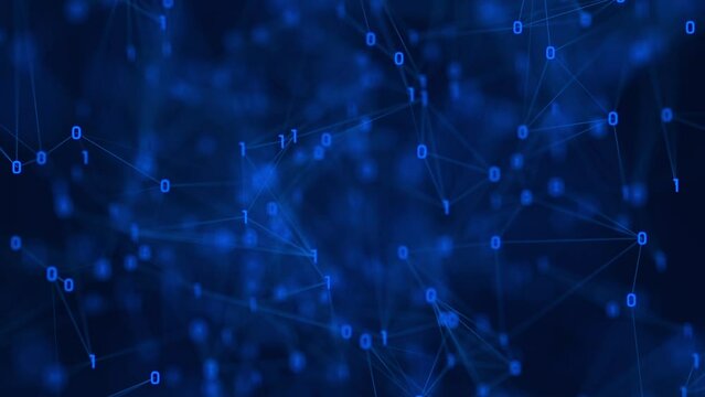 Abstract blue binary code background with glowing ones and zeros connected by a plexus network. This digital data connection technology concept background animation is full HD and a seamless loop.