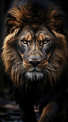 Fototapeta premium A Big Fierce Male Lion Face Walking in Forest and Looking At Camera Selective Focus
