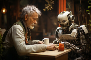 Obraz premium Senior man and AI robot talking together at home, support and help by technology, communication with cyborg