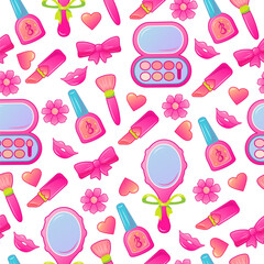 Pink aesthetic seamless pattern with cosmetics. Vector illustration.