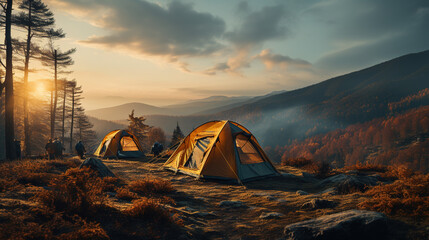 Two Camping Tents in The Foggy Mountain Forest at Sunrise in Winter Season - obrazy, fototapety, plakaty