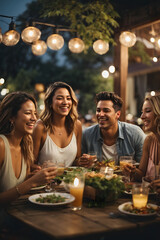 Group of friends laughing and enjoying dinner at outdoor restaurant during summer. Image created using artificial intelligence.