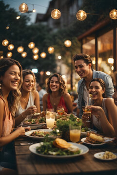 Group of friends laughing and enjoying dinner at outdoor restaurant during summer. Image created using artificial intelligence.