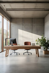 Concrete walls modern work office, wooden deck in a clean and bright environment. Image created using artificial intelligence.