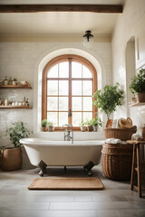Interior design of Bathroom in Farmhouse style with Clawfoot Tub decorated with Subway Tile, Wicker Basket material. Farmhouse architecture.. Image created using artificial intelligence.