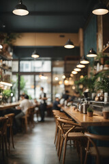 Blur coffee shop or cafe restaurant, Blurred restaurant background with some people and chefs and waiters working. Image created using artificial intelligence.
