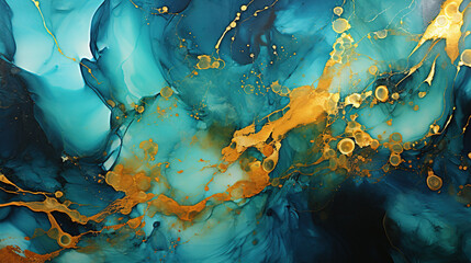 Abstract Fluid Art Painting of Alcohol Ink Technique Blue and Gold Background