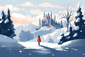 little child walk to big castle in winter landscape illustration