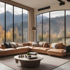 Modern living room with large window, Mountain valley view with Luxury sofa