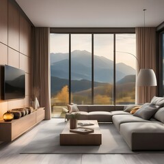 Modern living room with large window, Mountain valley view, Luxury sofa and television