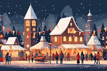 people at christmas market in winter ilustration - obrazy, fototapety, plakaty