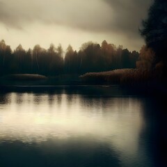 Obraz premium Autumn lake landscape in a brutalist style and lighting, somber oppressive mood, with copy space