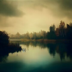 Autumn lake landscape in a brutalist style and lighting, somber oppressive mood, with copy space