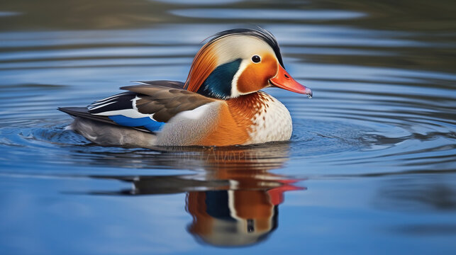 Beautiful Mandarin Duck Swim in Clear Water Lake Surface Selective Focus