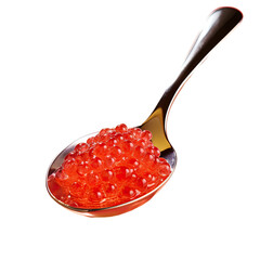 Red caviar on a spoon transparent background Close up Macro