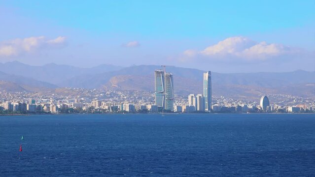 Cyprus, Limassol, Molos seafront promenade and scenic views of Olimpia coast and financial center.