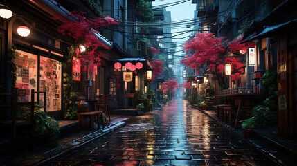 Fototapeta premium Narrow Alleyway Japan Empty Street Wet Stone Path at Evening