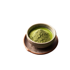 Traditional style isolated on a transparent background natural organic matcha powder with green tea leaves and wire whisk