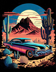 Retro car in the California desert with cacti in the background at sunset, flat sticker illustration.