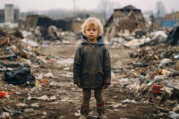 Back view of sad child boy at plastic wastesroom looking at camera. The poor boy is standing in a landfill on the outskirts. Poverty concept.