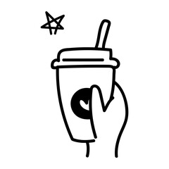Hand drawn line doodle style cafe illustrations, black line icons, cafe logos, take out cup, png transparent background