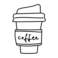 Hand drawn line doodle style cafe illustrations, black line icons, cafe logos, take out cup, png transparent background