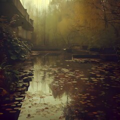 Tranquil autumn pond and brutalist-styled concrete building (illustrative), in a contrasted and oppressive light with abandoned mood