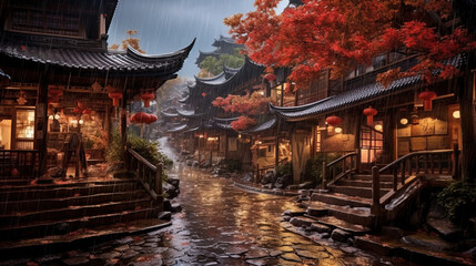 Chinese Traditional Village Busy Street During Heavy Rain