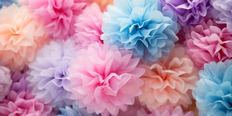 Pom-Pom Party Decorations: Vivid Multicolored Tissue Paper Pompoms for Wedding Celebration, Picnic and Dessert Table, Mock up, Back drop Background.
