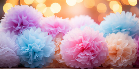 Fototapeta premium Pom-Pom Party Decorations: Vivid Multicolored Tissue Paper Pompoms for Wedding Celebration, Picnic and Dessert Table, Mock up, Back drop Background.