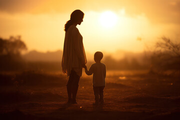 Serene Mother and Toddler Embrace in Sunset Silhouette, Evoking Warmth and Family Bonding in Tranquil Evening Setting - obrazy, fototapety, plakaty