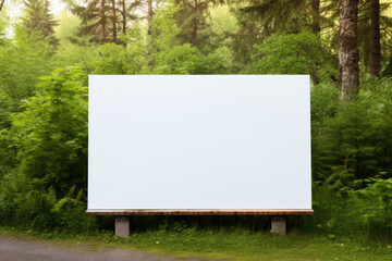 Fototapeta premium Seasonal Outdoor Marketing: Blank White Billboard Against Lush Green Leaves, Communicating Messages Amidst Nature's Vibrant Beauty