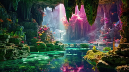 Low Angle View of A Beautiful Waterfall and Natural River Floating Through Cave