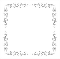 Black and white vegetal ornamental frame with wild flowers, decorative border, corners for greeting cards, banners, business cards, invitations, menus. Isolated vector illustration.	