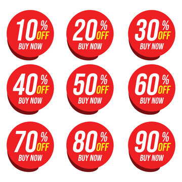 Different percent discount sticker discount price tag set. Red round speech bubble shape promote buy now with sell off up to 10, 20, 30, 40, 50, 60, 70, 80, 90 percentage vector illustration. 