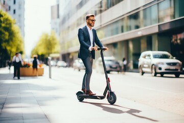 Businessman driving eco friendly e-scooter in a in the middle of a urban city street.