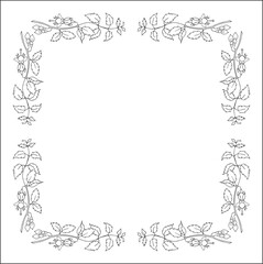 Black and white vegetal ornamental frame with fuchsia flowers, decorative border, corners for greeting cards, banners, business cards, invitations, menus. Isolated vector illustration.