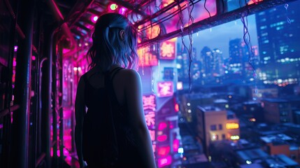 Young woman standing on a balcony, looking out at a futuristic cyberpunk city at night