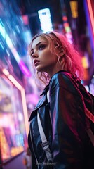Portrait of a young woman in a futuristic cyberpunk city, looking up