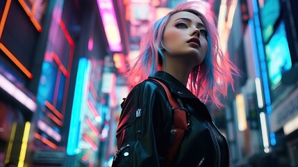 Obraz premium Portrait of a young woman in a futuristic cyberpunk city, looking up