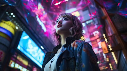 Portrait of a young woman in a futuristic cyberpunk city, looking up