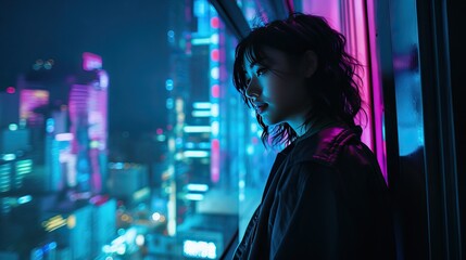 Young woman looking out at a futuristic cyberpunk city