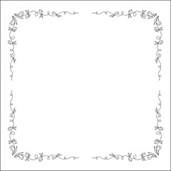Black and white vegetal ornamental frame with wild flowers, decorative border, corners for greeting cards, banners, business cards, invitations, menus. Isolated vector illustration.	